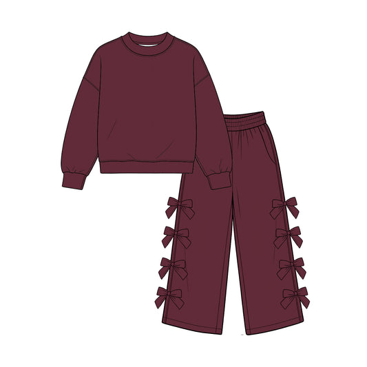 9.7 GLP3846 Kids Girls Burgundy Long Sleeve Bow Pants Outfit