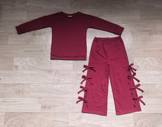 9.7 GLP3846 Kids Girls Burgundy Long Sleeve Bow Pants Outfit
