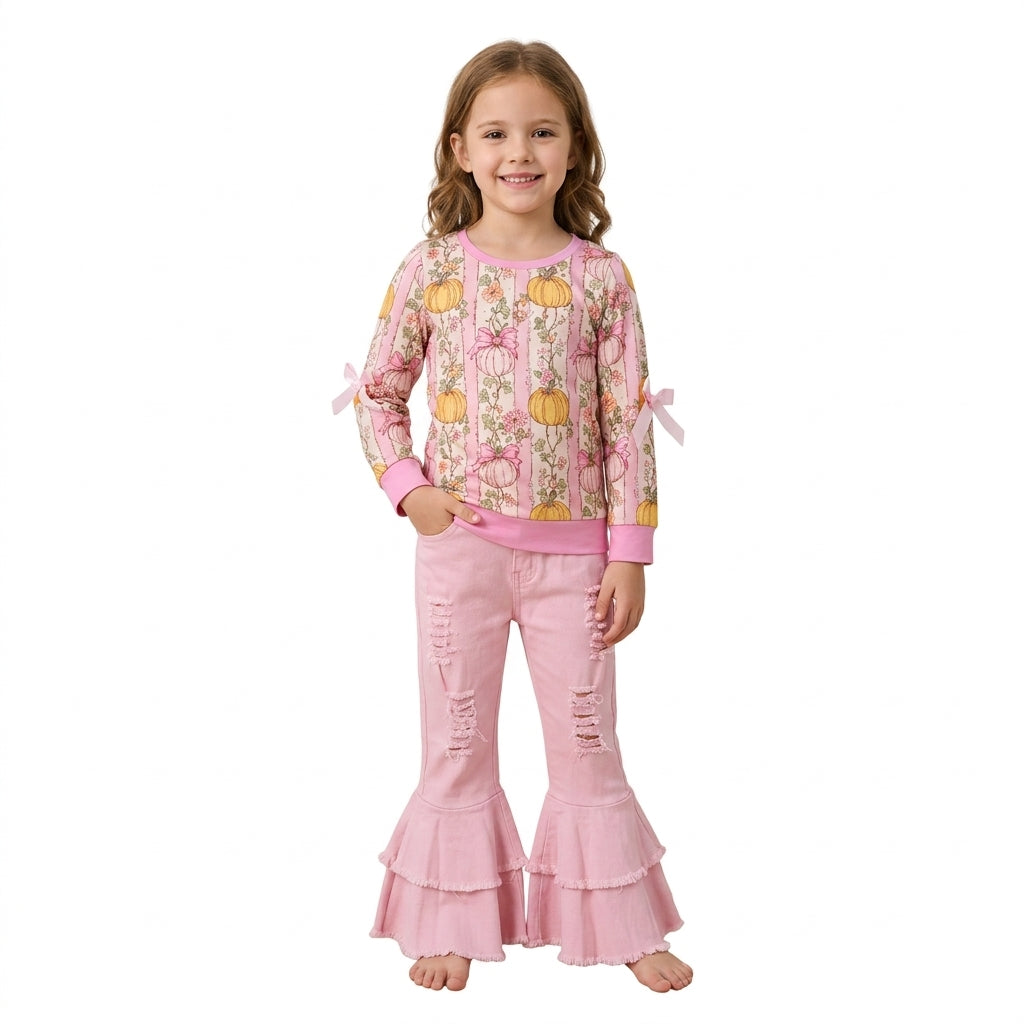 GLP3851 Pumpkin Flowers Bows Top Pink Denim Bell Pants Girls Fall Clothes Set