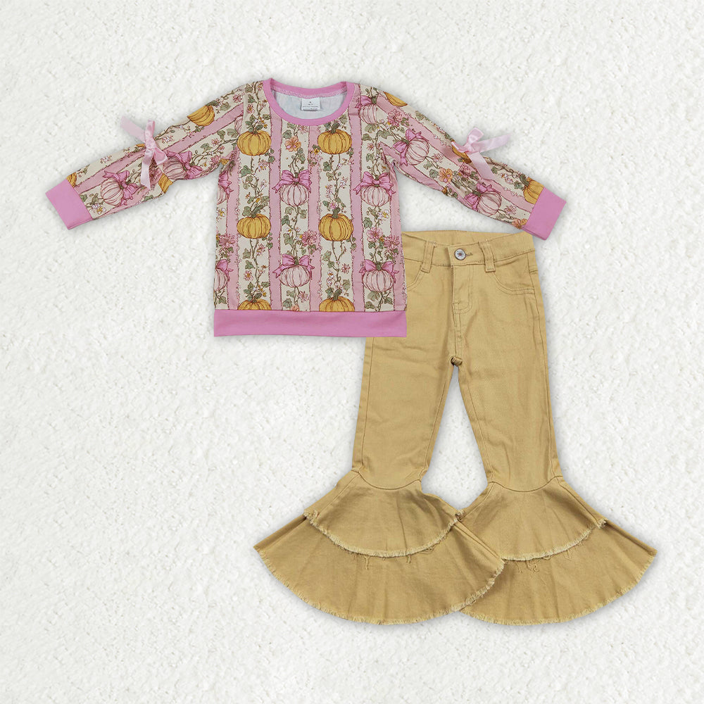 GLP3852 Pumpkin Flowers Bows Top Khaki Denim Bell Pants Girls Fall Clothes Set