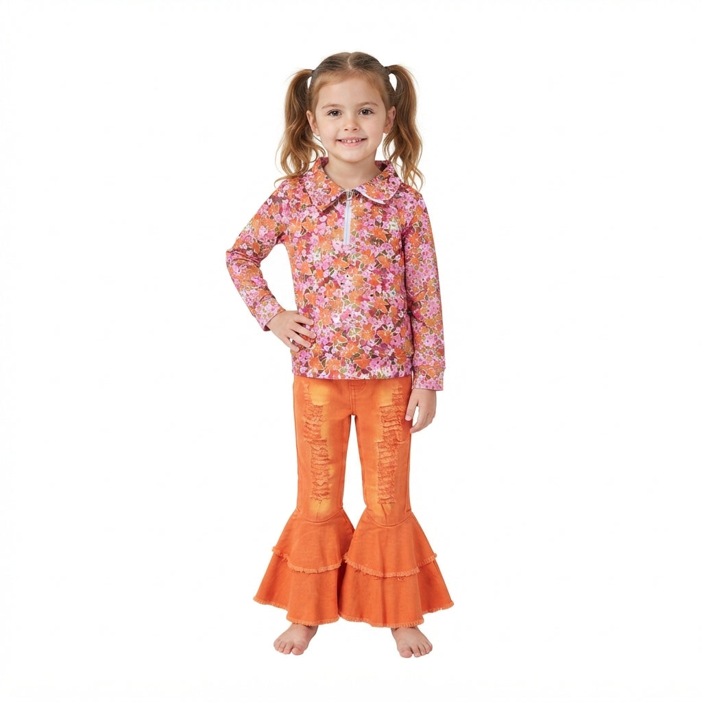 GLP3853 Floral Zipper Top Orange Denim Bell Pants Girls Clothes Set