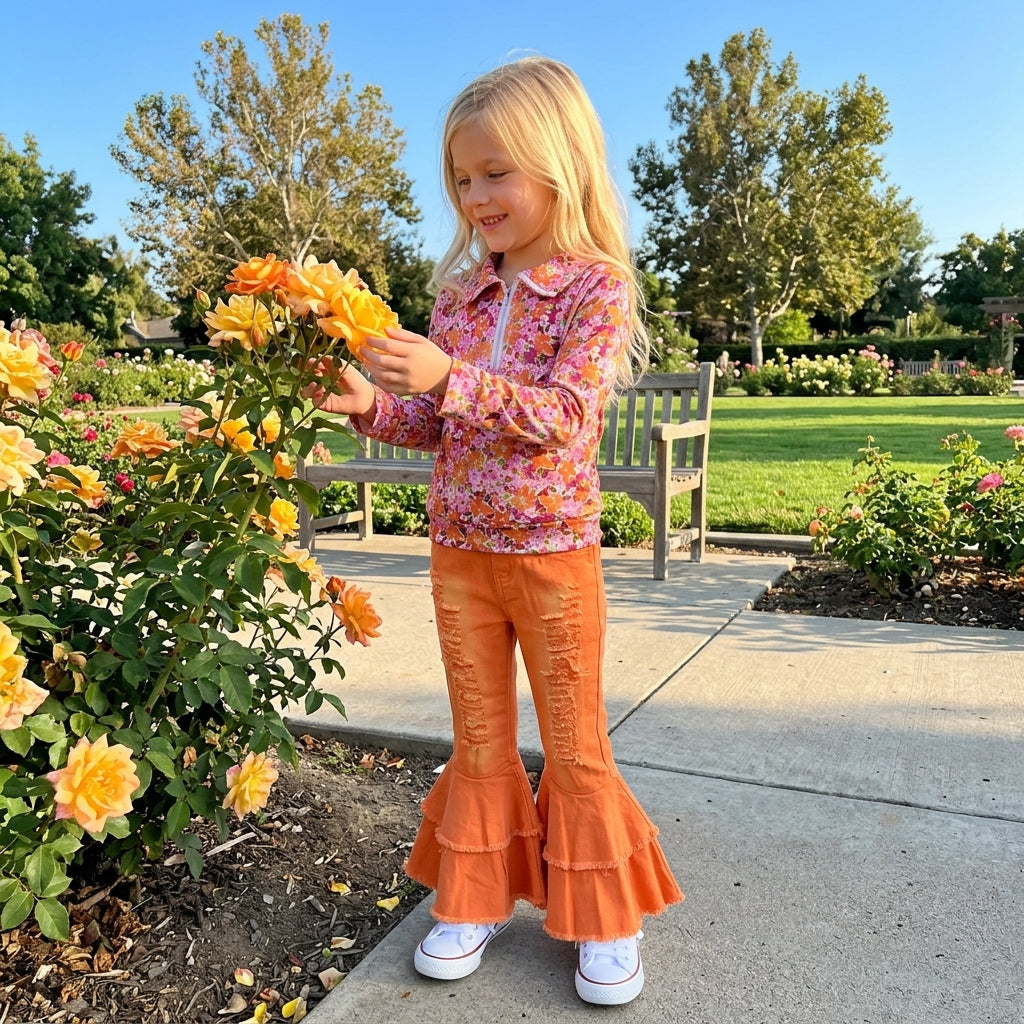 GLP3853 Floral Zipper Top Orange Denim Bell Pants Girls Clothes Set