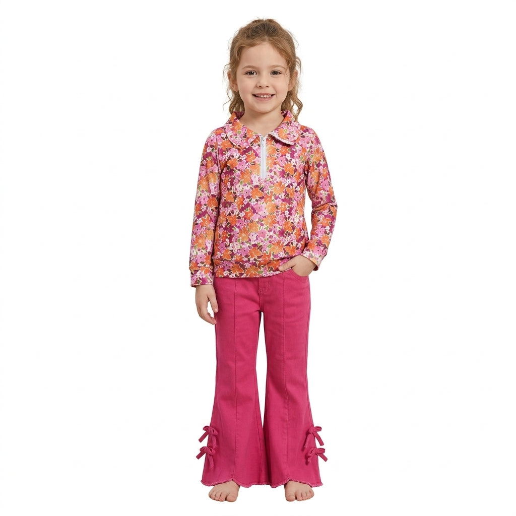 GLP3854 Floral Zipper Top Hot Pink Denim Bell Pants Girls Clothes Set