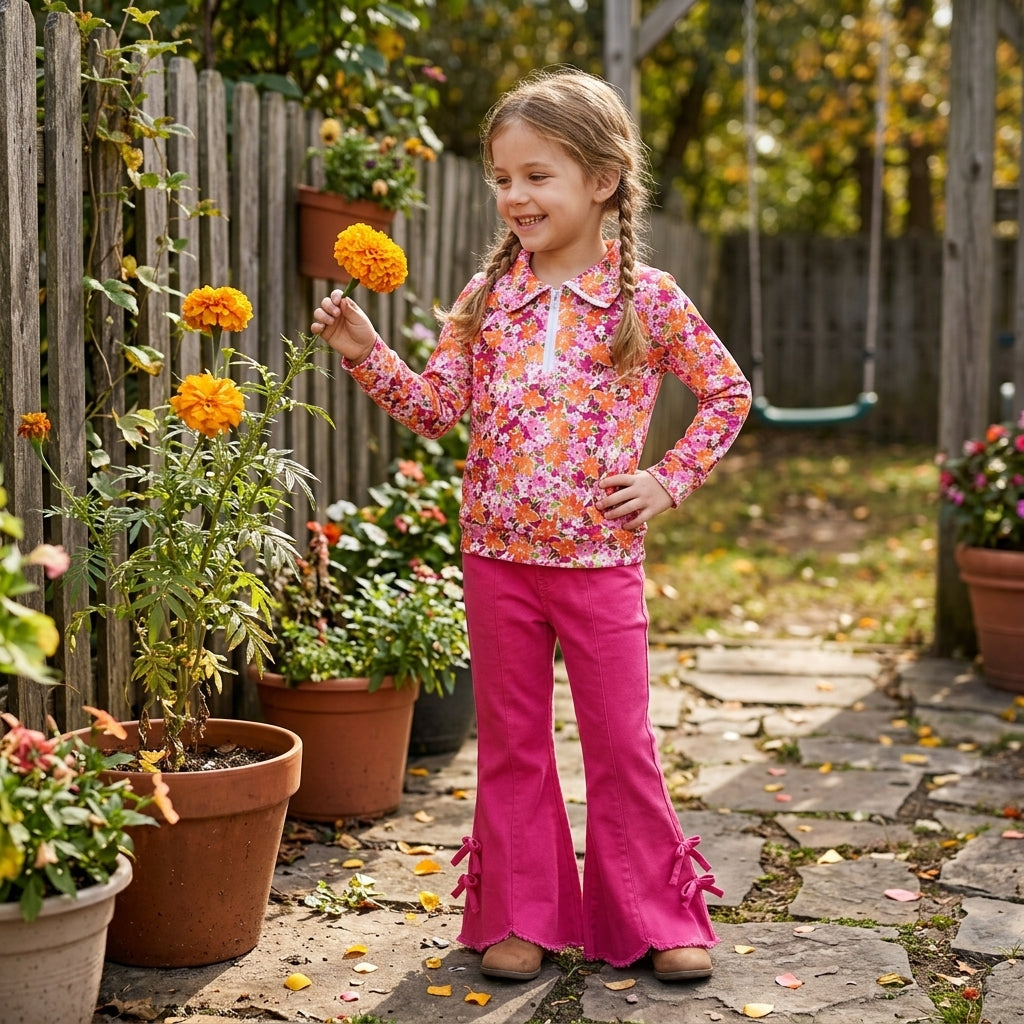 GLP3854 Floral Zipper Top Hot Pink Denim Bell Pants Girls Clothes Set