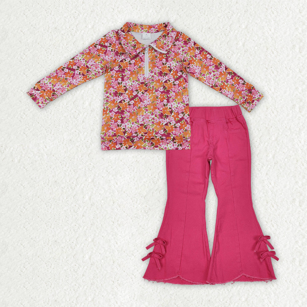 GLP3854 Floral Zipper Top Hot Pink Denim Bell Pants Girls Clothes Set