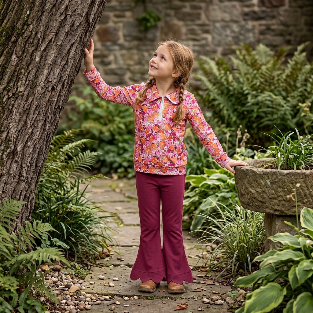GLP3857 Floral Zipper Top Maroon Scallop Edge Bell Pants Girls Clothes Set
