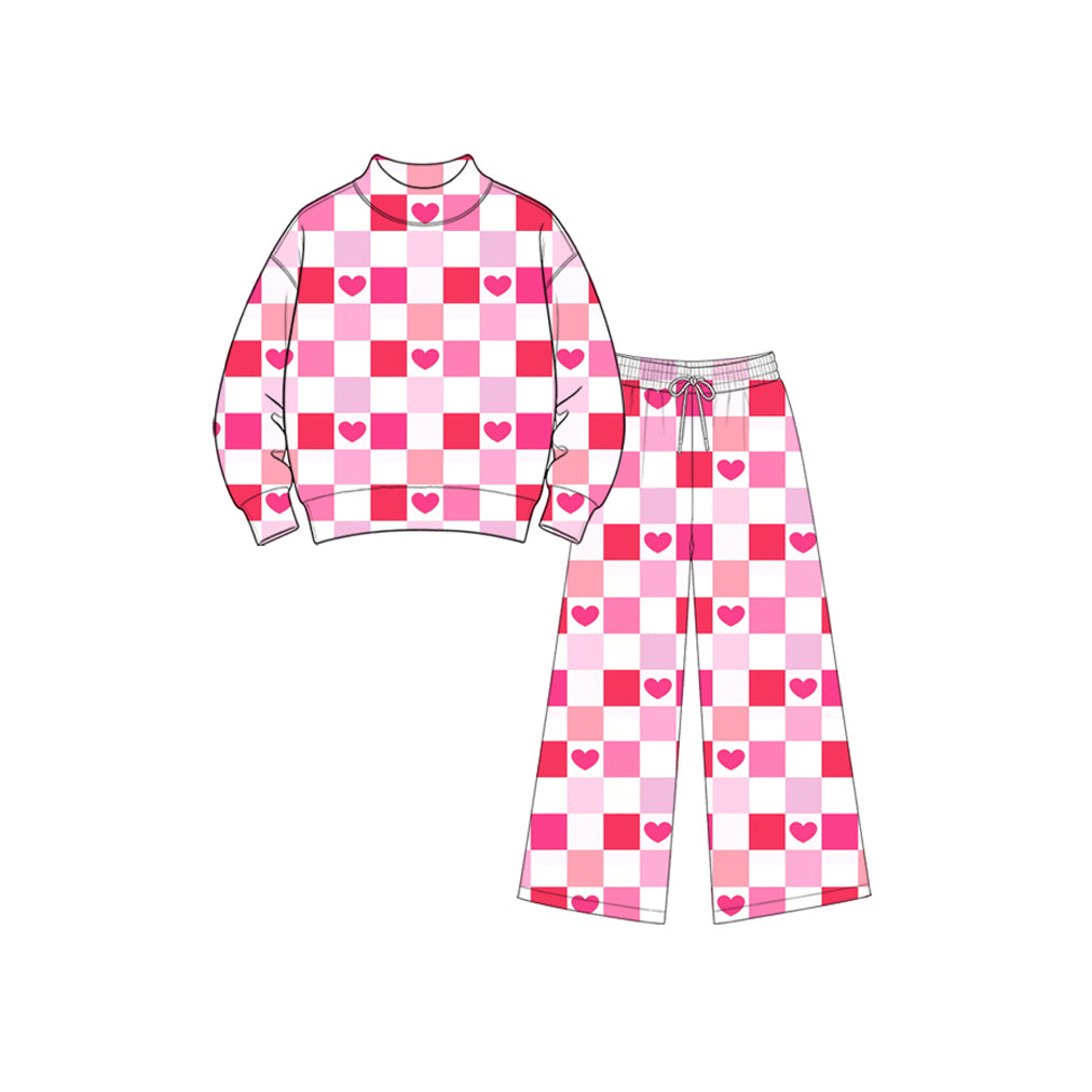 9.11 GLP3867 Baby Girls Valentines Heart Checked Mock Neck Top Wide Leg pants Outfit