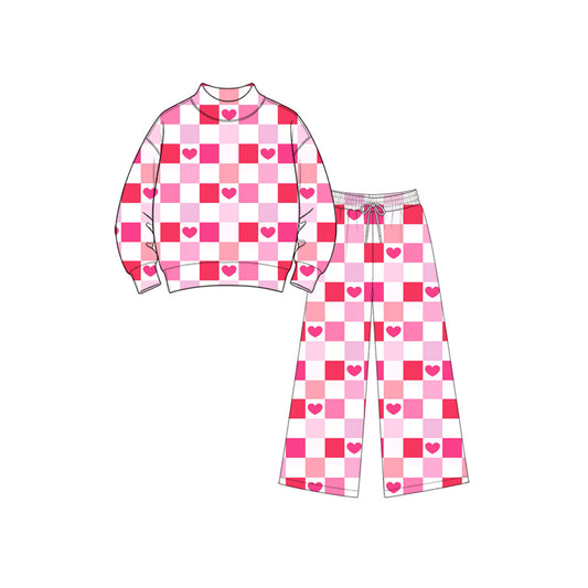 9.11 GLP3867 Baby Girls Valentines Heart Checked Mock Neck Top Wide Leg pants Outfit
