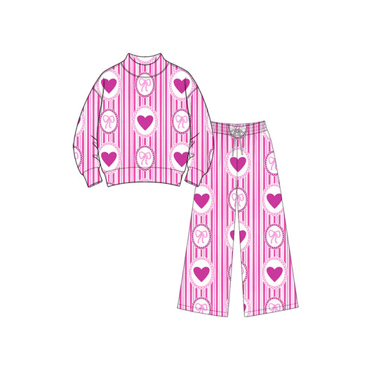 9.11 GLP3868 Preorder Pink Heart Stripes Print Mock Neck Top Straight Pants Girls Valentine's Day Clothes Set