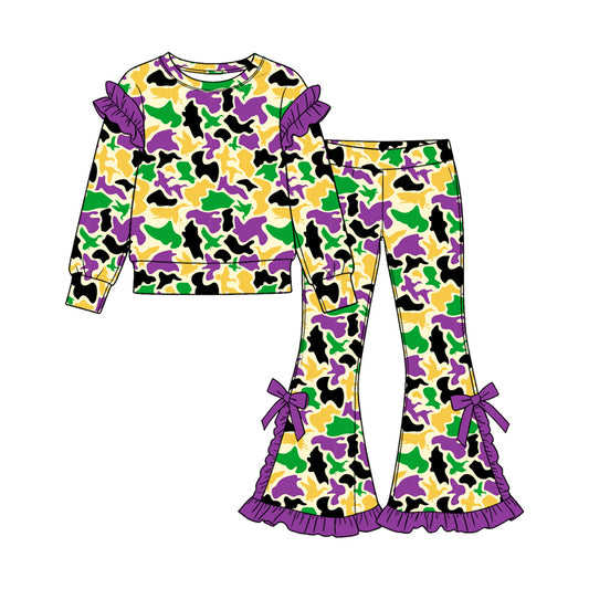 9.12 GLP3871 Preorder Girls Mardi Gras Camo Ruffle Shoulder Top Bow Flare Pants Outfit