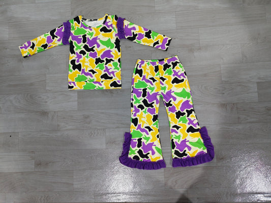 9.12 GLP3871 Preorder Girls Mardi Gras Camo Ruffle Shoulder Top Bow Flare Pants Outfit