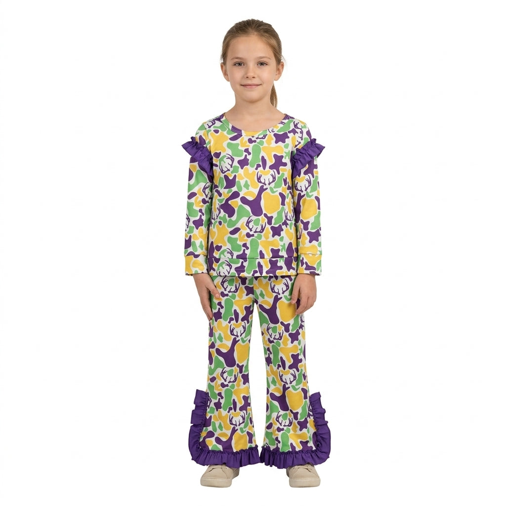GLP3872 Purple Green Gold Camo Print Girls Mardi Gras Ruffle Clothes Set