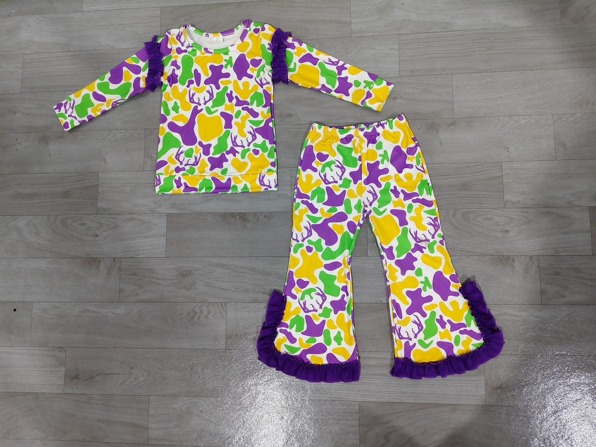 9.12 GLP3872 Preorder Mardi Gras Camo Long Sleeve  Ruffle Shoulder Top Flare Pants Outfit