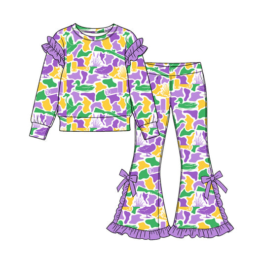 9.12 GLP3873 Preorder Mardi Gras Duck Camo Long Sleeve  Ruffle Shoulder Top Flare Pants Outfit