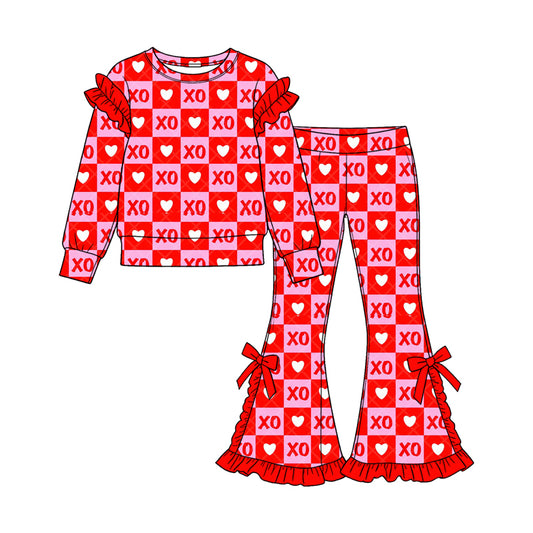 9.12 GLP3875 Preorder XO Heart Checkered Print Ruffle Top Bell Pants Girls Valentine's Day Clothes Set