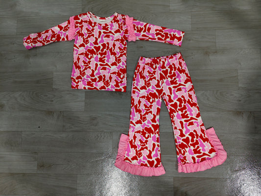 9.12 GLP3876 Preorder Red Pink Camo Print Ruffle Top Bell Pants Girls Valentine's Day Clothes Set