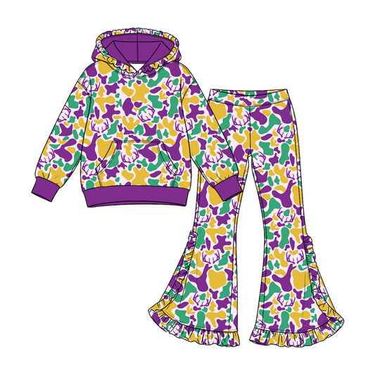 9.12 GLP3878 Preorder Mardi Gras Camo Long Sleeve Hoodie Top Flare Pants Outfit