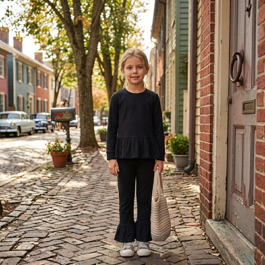 GLP3885 Black Cotton Long Sleeve Top with Ruffle Pants Girls Clothes Set