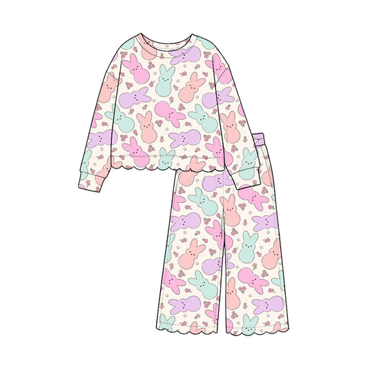 9.15 GLP3889 Colorful Bunny Flowers Print Pockets Girls Easter Scallop Clothes Set