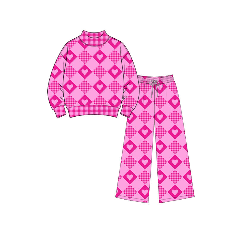 9.15 GLP3890 Preorder Pink Heart Checkered Print Mock Neck Top Straight Pants Girls Valentine's Day Clothes Set