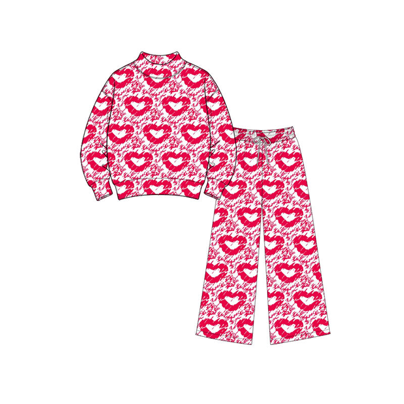 9.15 GLP3891 Preorder Heart Print Mock Neck Top Straight Pants Girls Valentine's Day Clothes Set