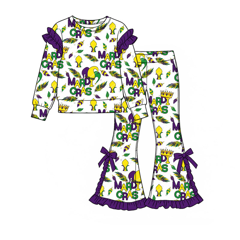 9.16 GLP3895 Preorder Feather Mardi Gras Print Ruffle Top Bell Pants Girls Clothes Set