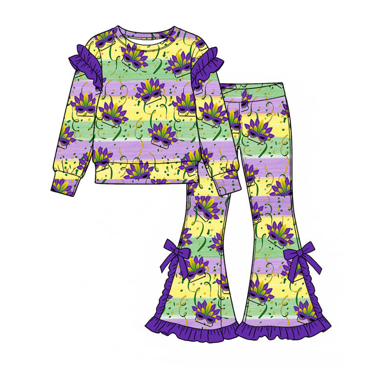9.16 GLP3896 Preorder Mask Stripes Print Ruffle Top Bell Pants Girls Mardi Gras Clothes Set