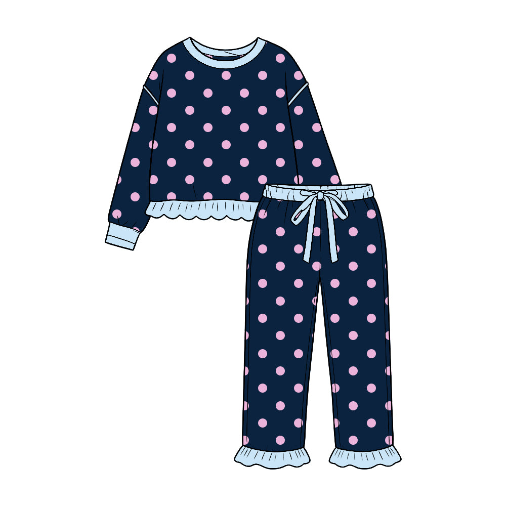 9.16 GLP3900 Preorder Pink Dots Navy Print Girls Ruffle Clothes Set