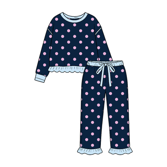 9.16 GLP3900 Preorder Pink Dots Navy Print Girls Ruffle Clothes Set