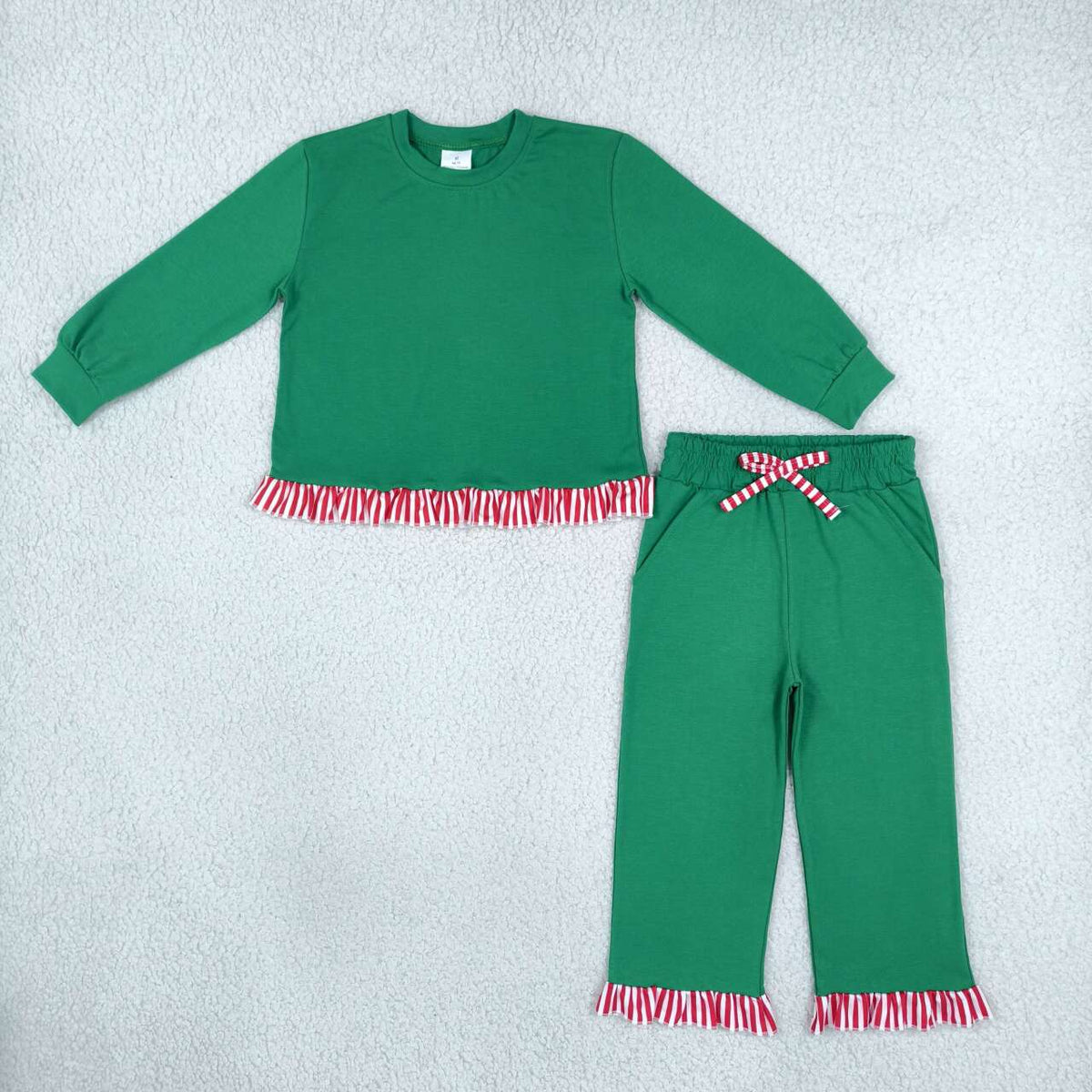 GLP3917 Green Long Sleeve Top Ruffle Pants Girls Christmas Clothes Set