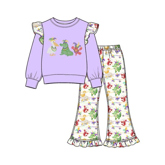 9.22 GLP3923 Preorder Pelicans Crocodile Crayfish Purple Top Checkered Bell Pants Girls Mardi Gras Clothes Set