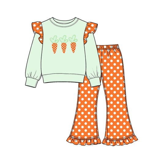 9.22 GLP3924 Preorder Carrot Green Top Dots Bell Pants Girls Easter Clothes Set