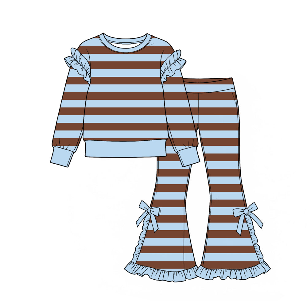 9.23 Preorder GLP3929 Blue Brown Stripes Print Long Sleeve Top Bell Pants Girls Ruffle Clothes Set