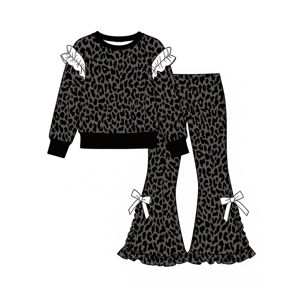 9.23 Preorder GLP3930 Black Leopard Print Long Sleeve Top Bell Pants Girls Ruffle Clothes Set