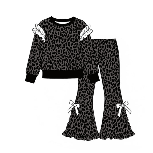 9.23 Preorder GLP3930 Black Leopard Print Long Sleeve Top Bell Pants Girls Ruffle Clothes Set