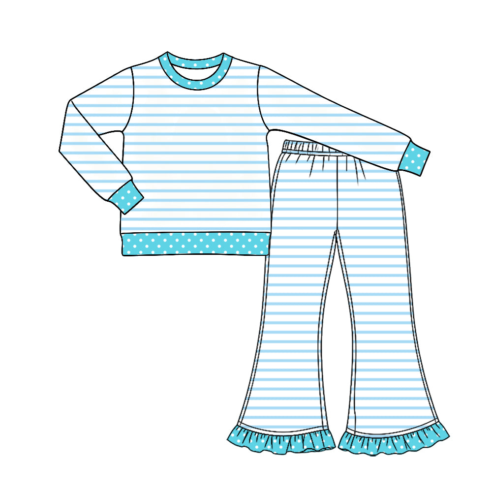 9.23 Preorder GLP3933 Blue Stripes Dots Print Long Sleeve Top Bell Pants Girls Ruffle Clothes Set