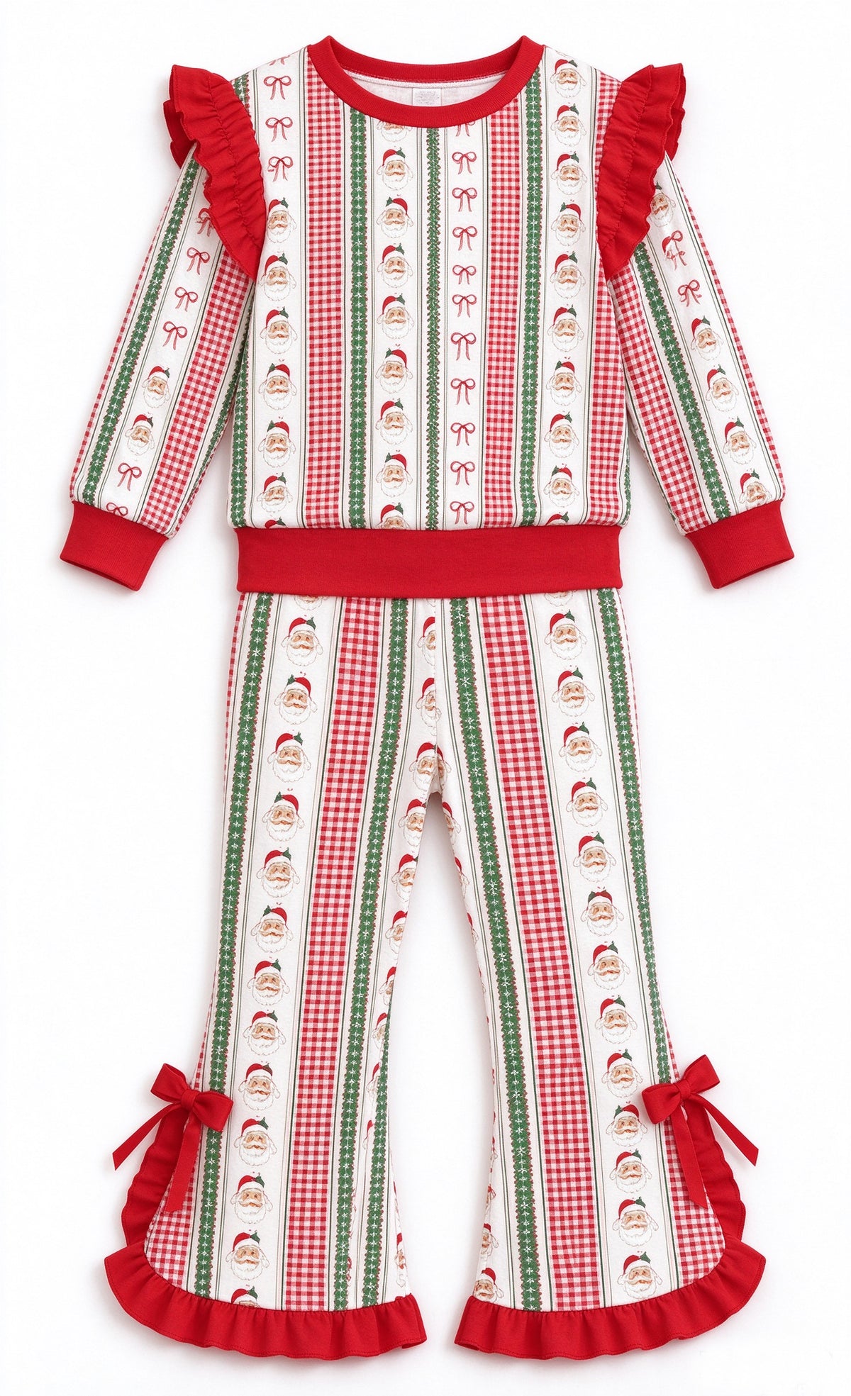 9.25 GLP3942 Preorder Santa Bows Holly Checkered Print Long Sleeve Top Bell Pants Girls Christmas Ruffle Clothes Set