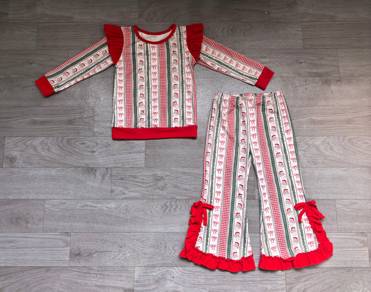 9.25 GLP3942 Preorder Santa Bows Holly Checkered Print Long Sleeve Top Bell Pants Girls Christmas Ruffle Clothes Set