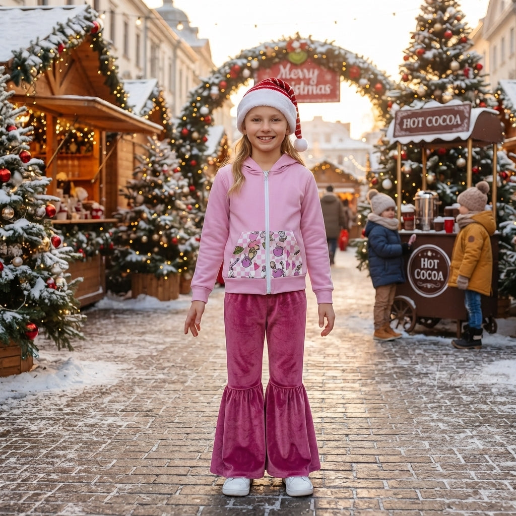 GLP3953 Green Frog Zipper Hoodie Top Velvet Bell Pants Girls Christmas Clothes Set