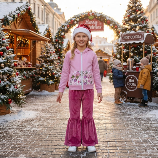 GLP3953 Green Frog Zipper Hoodie Top Velvet Bell Pants Girls Christmas Clothes Set