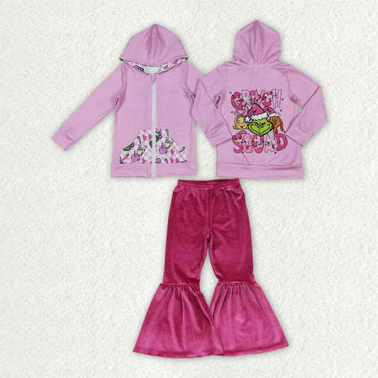 GLP3953 Green Frog Zipper Hoodie Top Velvet Bell Pants Girls Christmas Clothes Set