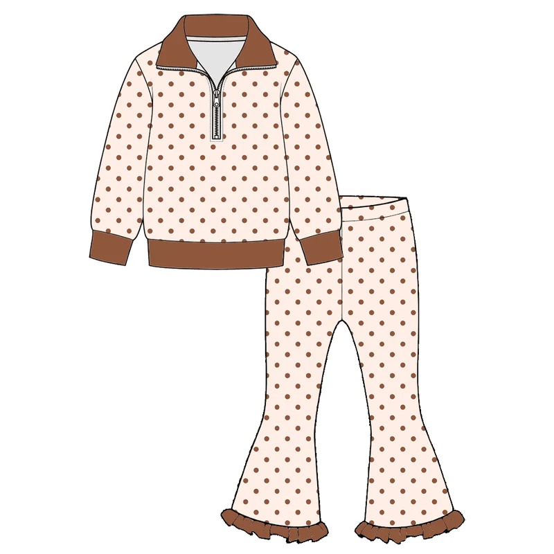10.1 Preorder GLP3959 Baby Girls Brown Polka Dot Pullover Top Bell Bottom Pants Outfit