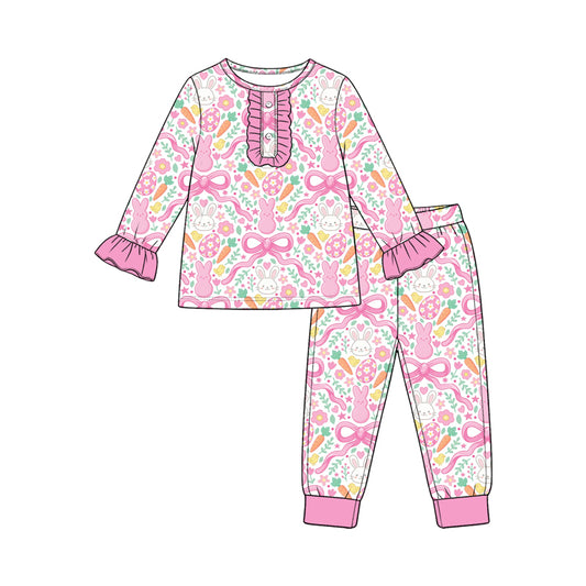 10.2 Preorder GLP3966 Kids Girls Easter Bunny Eggs Pink Bow  Long Sleeve Pajama Set
