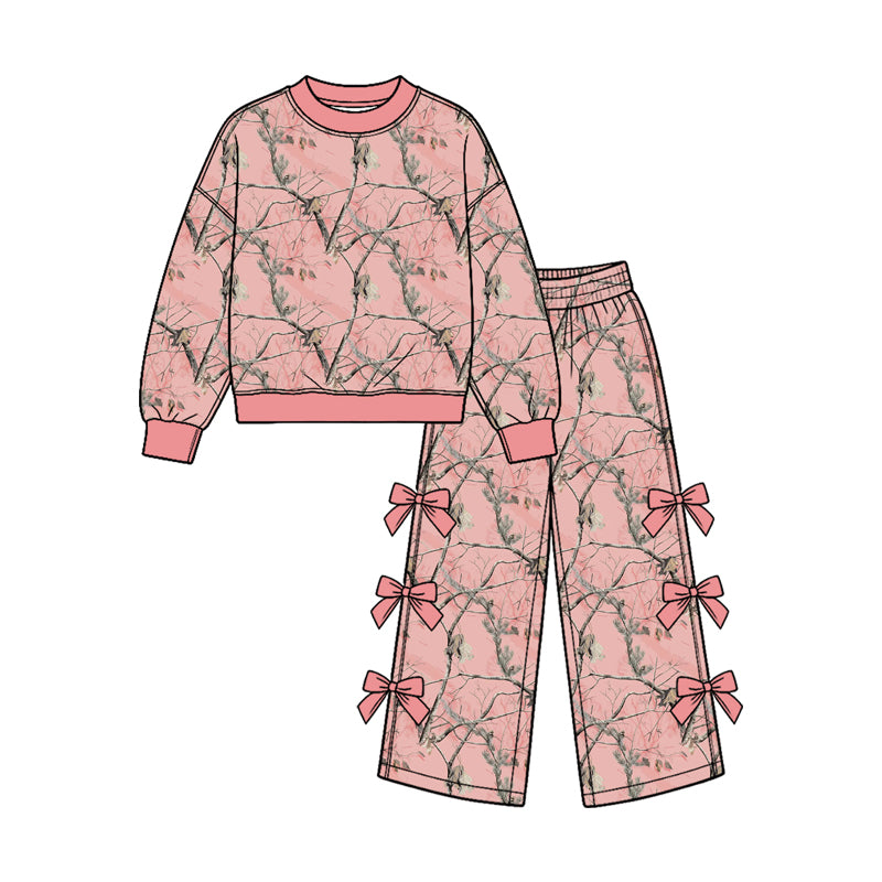 10.1 Preorder GLP3967 Kids Girls Pink Camo Top Bow Wide Leg Pants Outfit