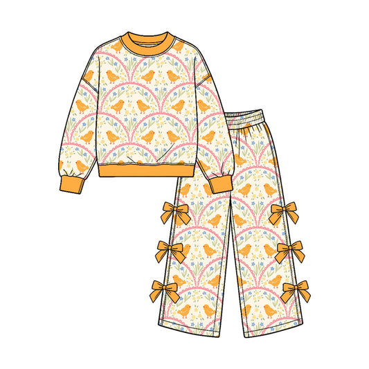 10.1 Preorder GLP3968 Kids Girls Easter Chicken Bow Wide Leg Pants Outfit