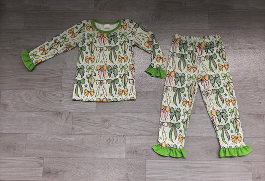 10.3 Preorder GLP3973 Girls Patrick's Day Bow Print Long Sleeve Pajama Set