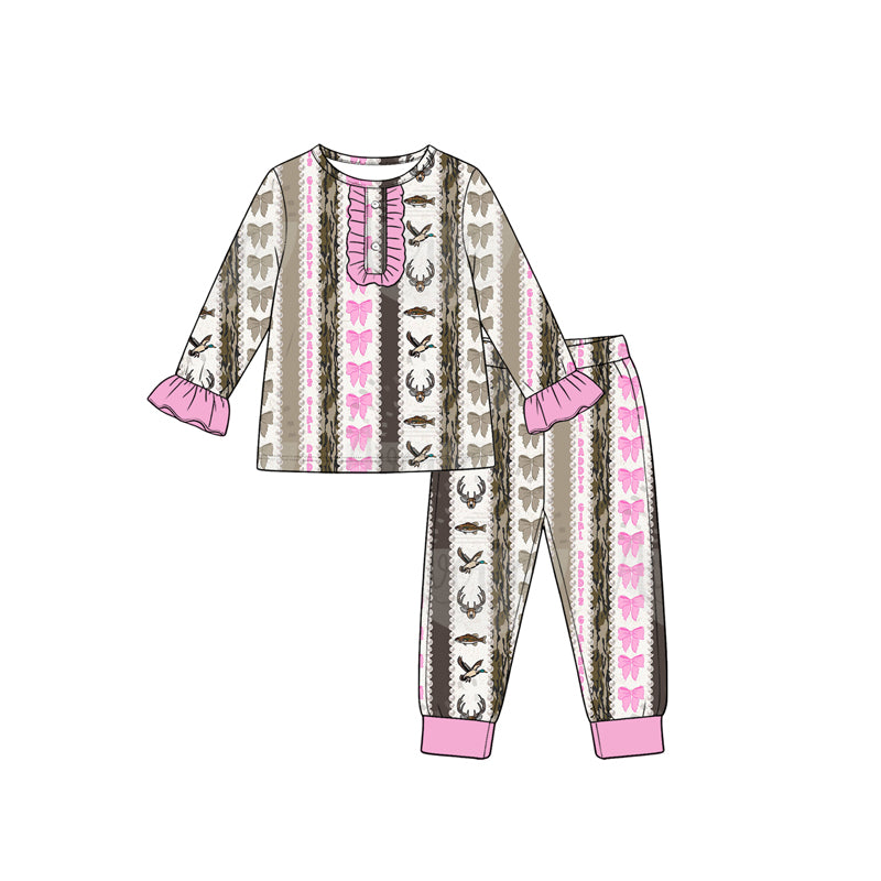 10.3 Preorder GLP3974 Baby Girls Hunging Deer Long Sleeve Pajama Set with Ruffle