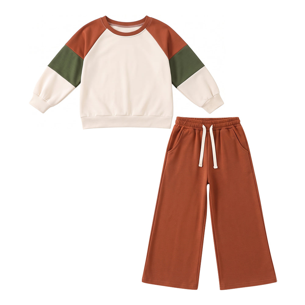 10.5 GLP3977 Preorder Color Block Sweatshirt & Brown Wide Leg Pants Kids Fall Clothes Set