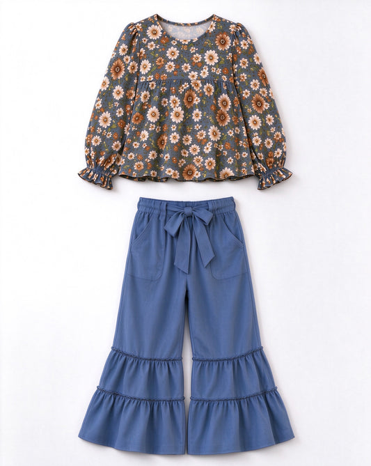 10.5 GLP3979 Preorder Flowers Top Blue Tiered Ruffle Flare Pants Girls Clothes Set