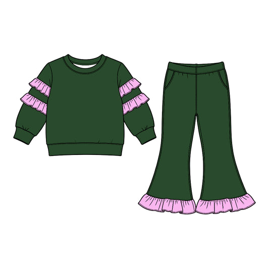 10.6 GLP3981 Green Cotton Ruffle Top Pockets Bell Pants Girls Clothes Set